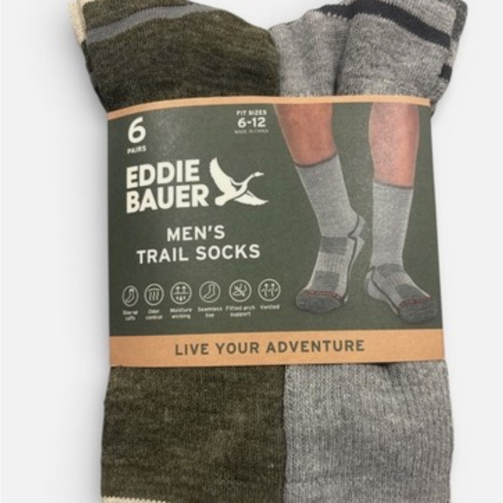 Eddie Bauer Olive & Light Green Men's Trail Socks - 6 Pairs